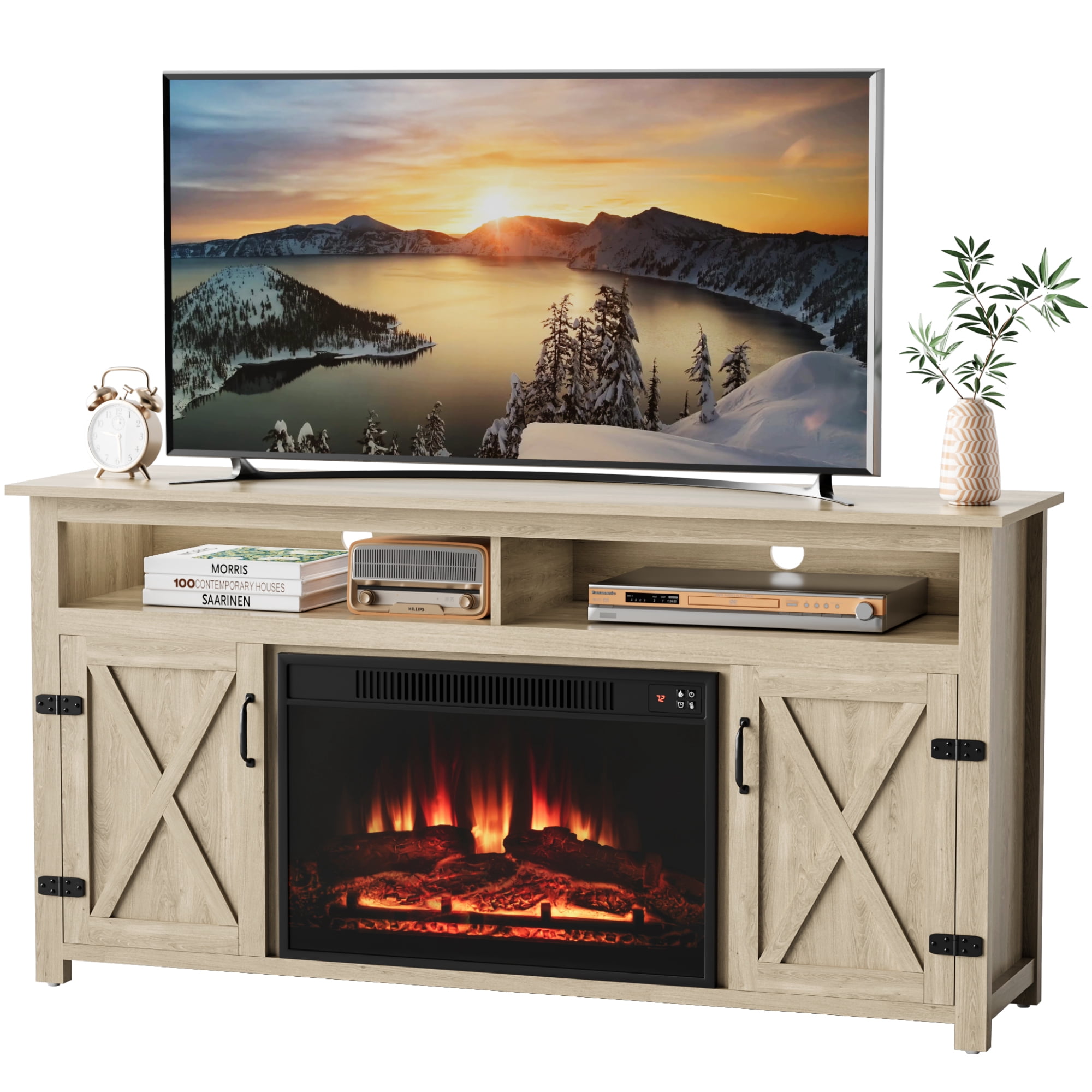 Homall Rustic 65" Television Stand with Electric Fireplace & 2 Shelves, Wood Oaken, 15.1'' W