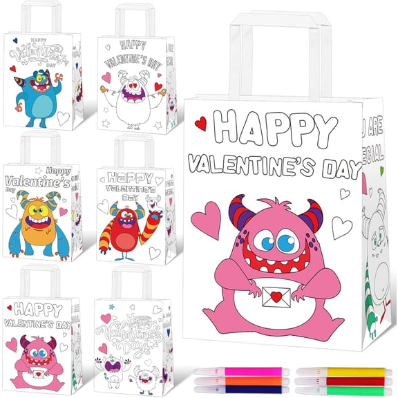 12 Packs Valentine's Day Paper Coloring Bags with Handle Color You Own Valentine Monster DIY Candy bag ,Craft Goody Bag for Kids Party Favor, Classroom Gift Exchange Goody Bags for Gift Wrapping