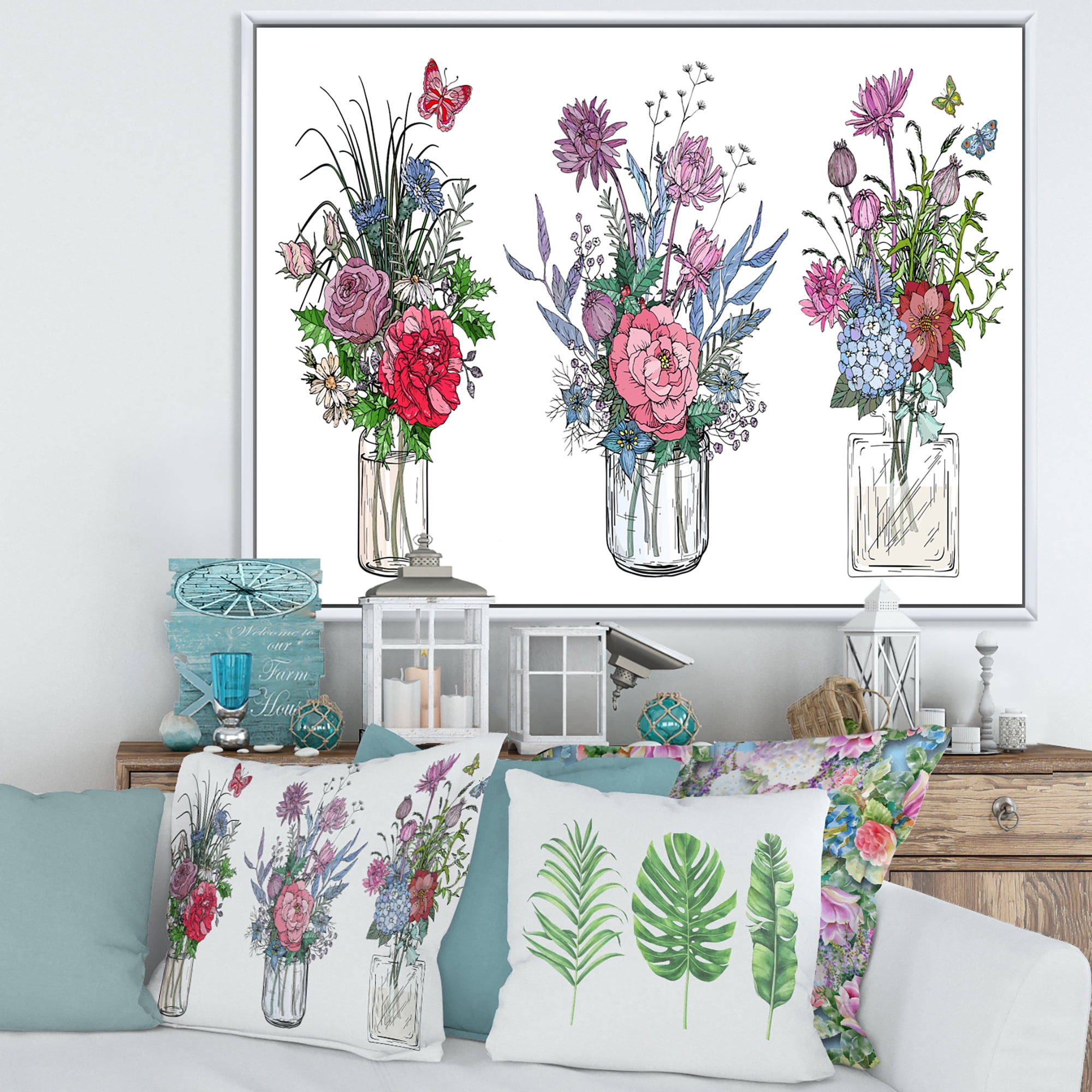 Designart 'Transparent Vases With Bouquets of Wildflowers I' Farmhouse Framed Canvas Wall Art Print