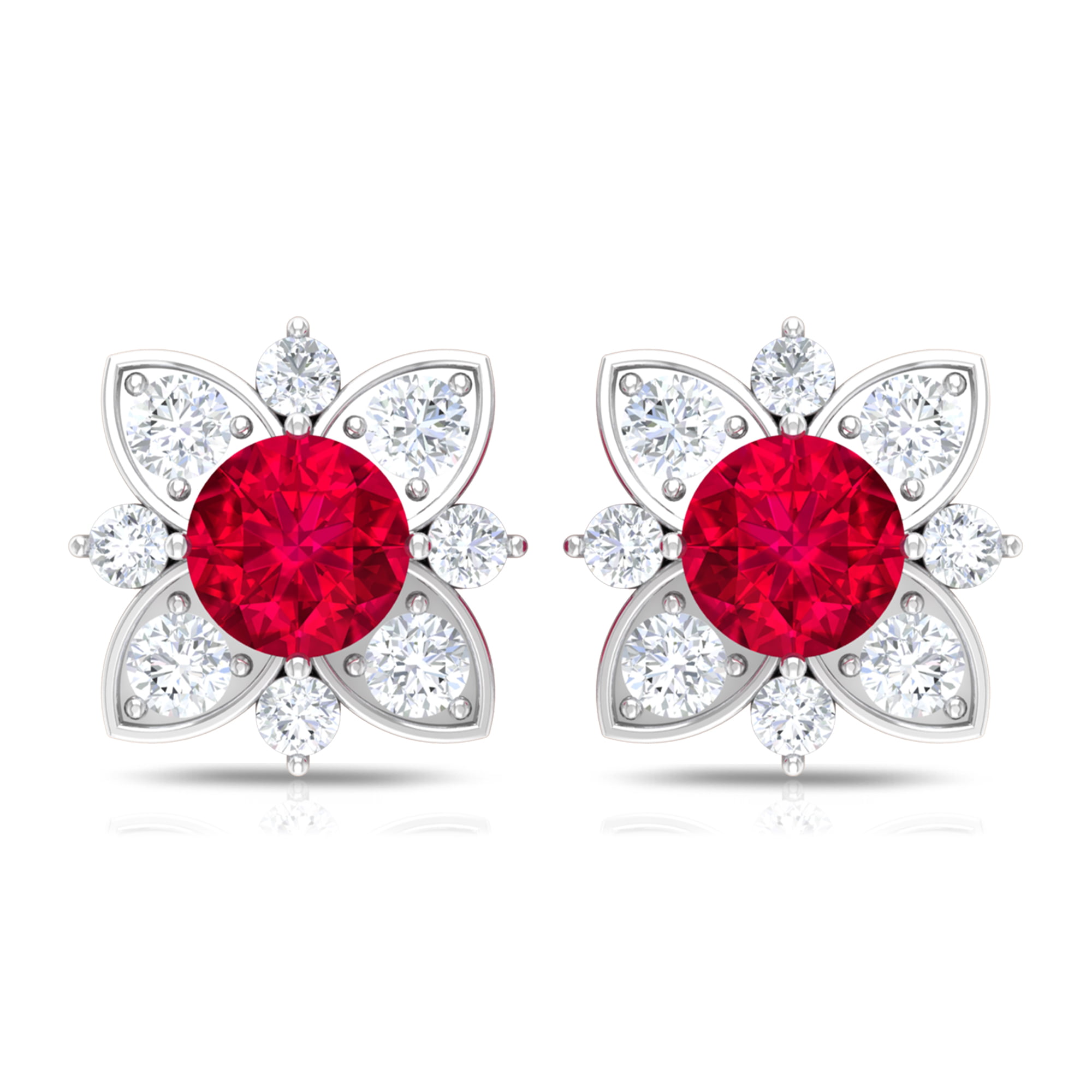 14K Yellow Gold Red Ruby Flower Diamond Huggies Earrings for Baby and Children