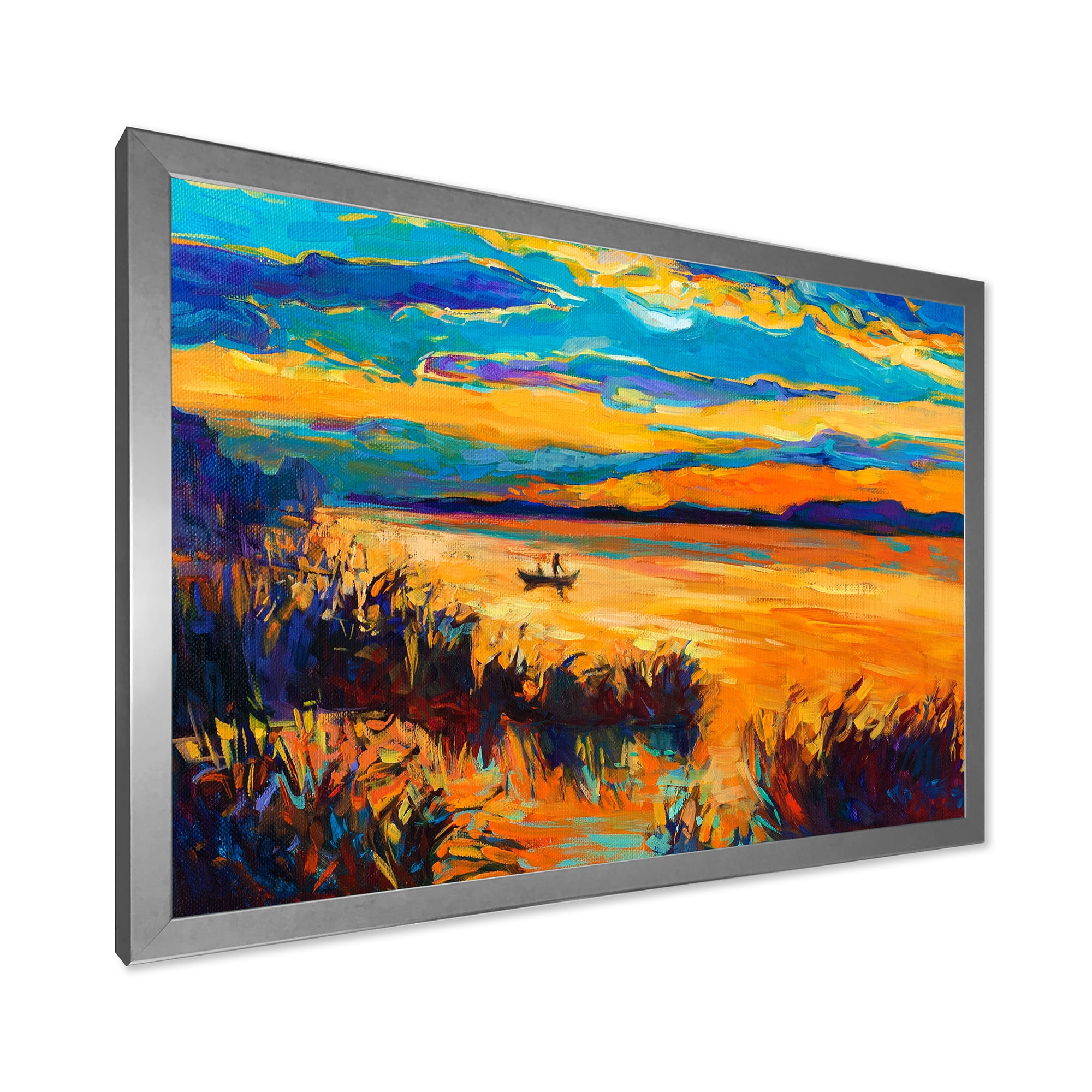 Little Boat At The Horizon Of A Lake During Evening Glow 32 in x 16 in Framed Painting Canvas Art Print, by Designart