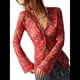 thumbnail image 2 of Camisas de Larga para Mujer, Blusas Bohemias con Estampado Floral, Blusas Ajustadas con Cuello en V y Botones Rojo S, 2 of 8