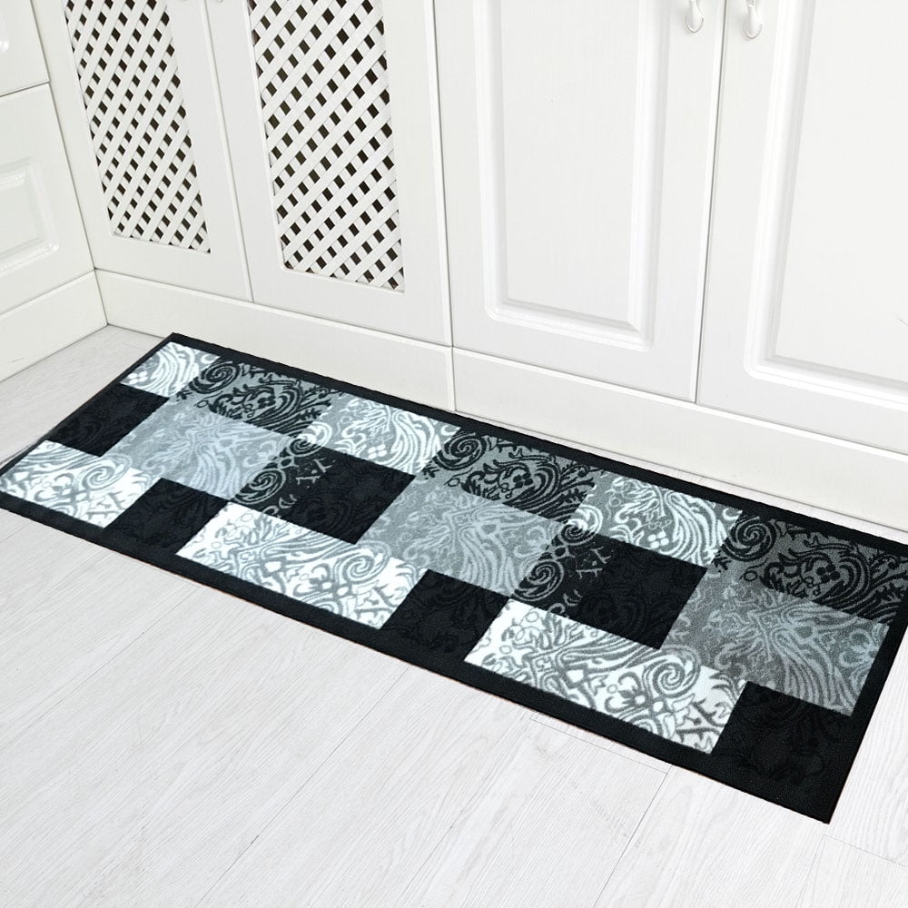 Kitchen Floor Mat Linen Washable Non-Skid Water Absorption Black Geometric Rugs Runner Rug for Front of Sink Bathroom Hallway Laundry Home Decor