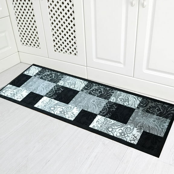 Kitchen Mat Non-Skid Runner Kitchen Rugs Non-Slip Rug for Kitchen Floor with Rubber Backing Entryway Hallway Floor Mat Low Profile Door Mat (2' x 7', Gray Black Squares