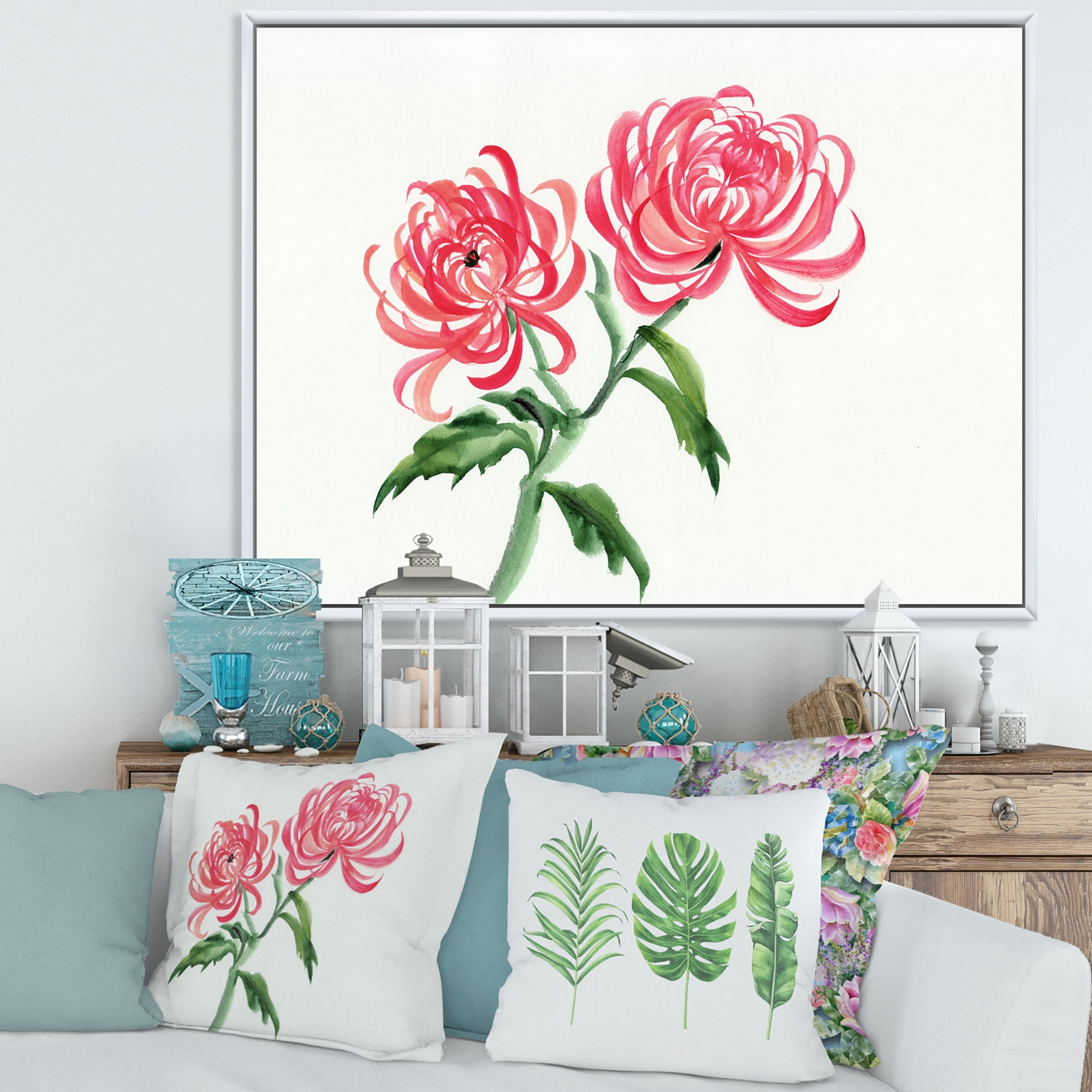 Ancient Purple Chrysanthemum Flower 20 in x 12 in Framed Painting Canvas Art Print, by Designart