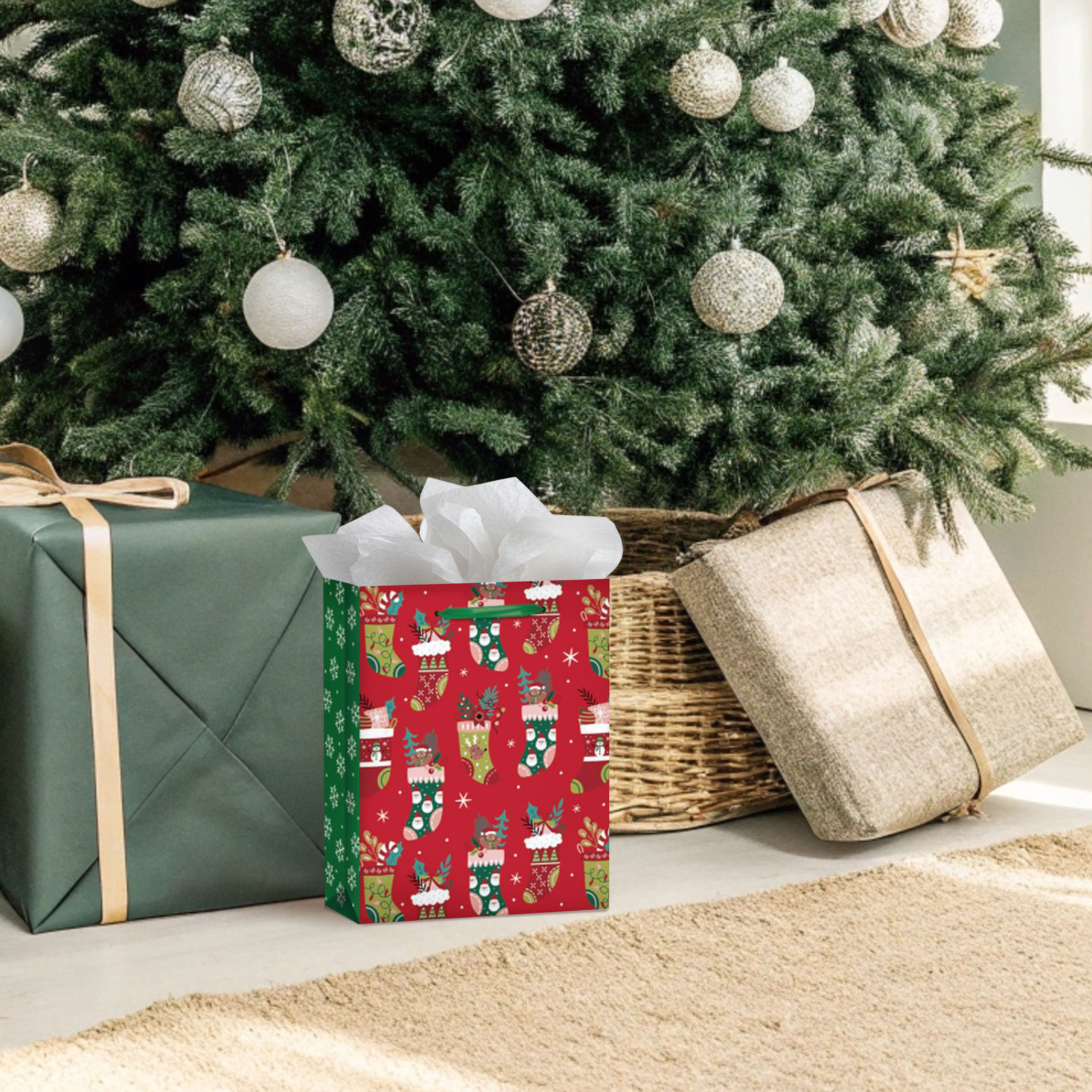 Holiday Time Glitter Gift Bag with Stocking Pattern, CHRISTMAS GIFT BAG WITH STOCKING PATTERN