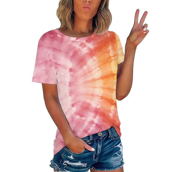 Lumosvexa Casual Short Shirt Sleeved Womens Graphic T-Shirt Top Crew Neck Tie Dyeing T Shirt Orange Size S