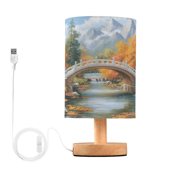 Bedside Desk Lamp LED Bridge on Forests Table Nightstand Lamps Warm Light Fabric Lampshade for Home Bedroom Office Living Room Decor