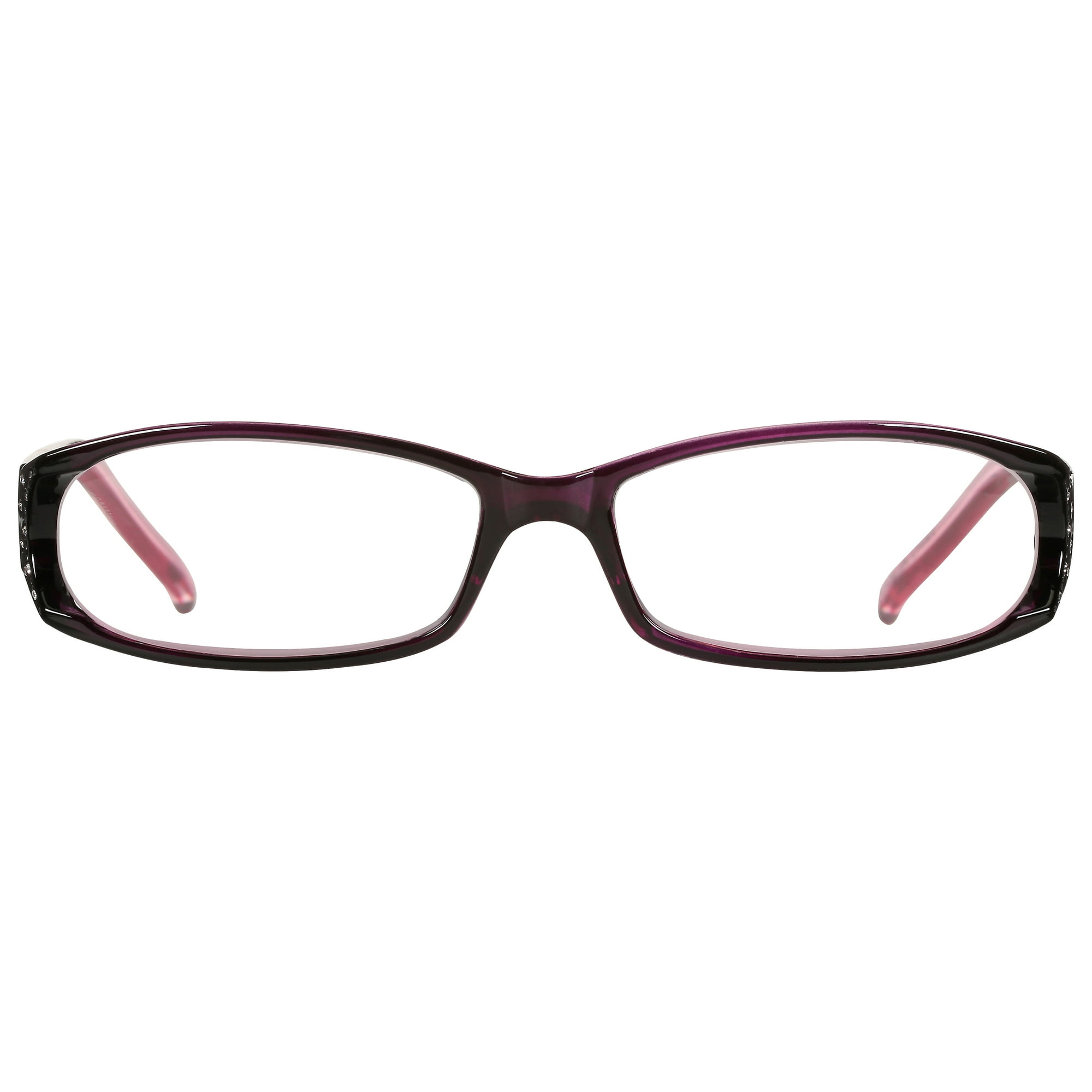 M+ Womens Rectangular Plastic Reading Glasses 2.00 Amber in Purple with Rhinestones