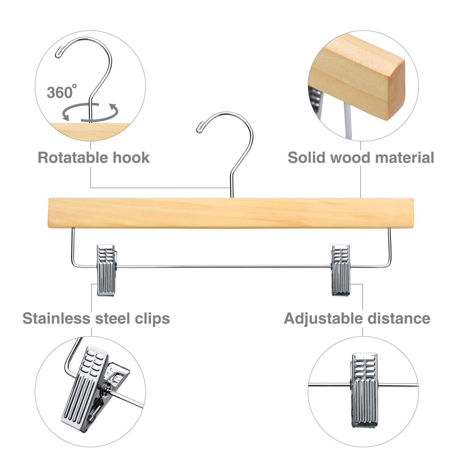 ACSTEP Wooden Pants Hangers with Clips 25 Pack 14 Inch, Wood Skirt Hangers for Women, Solid Wood Pants Hangers with 360 Swivel Hook - Natural