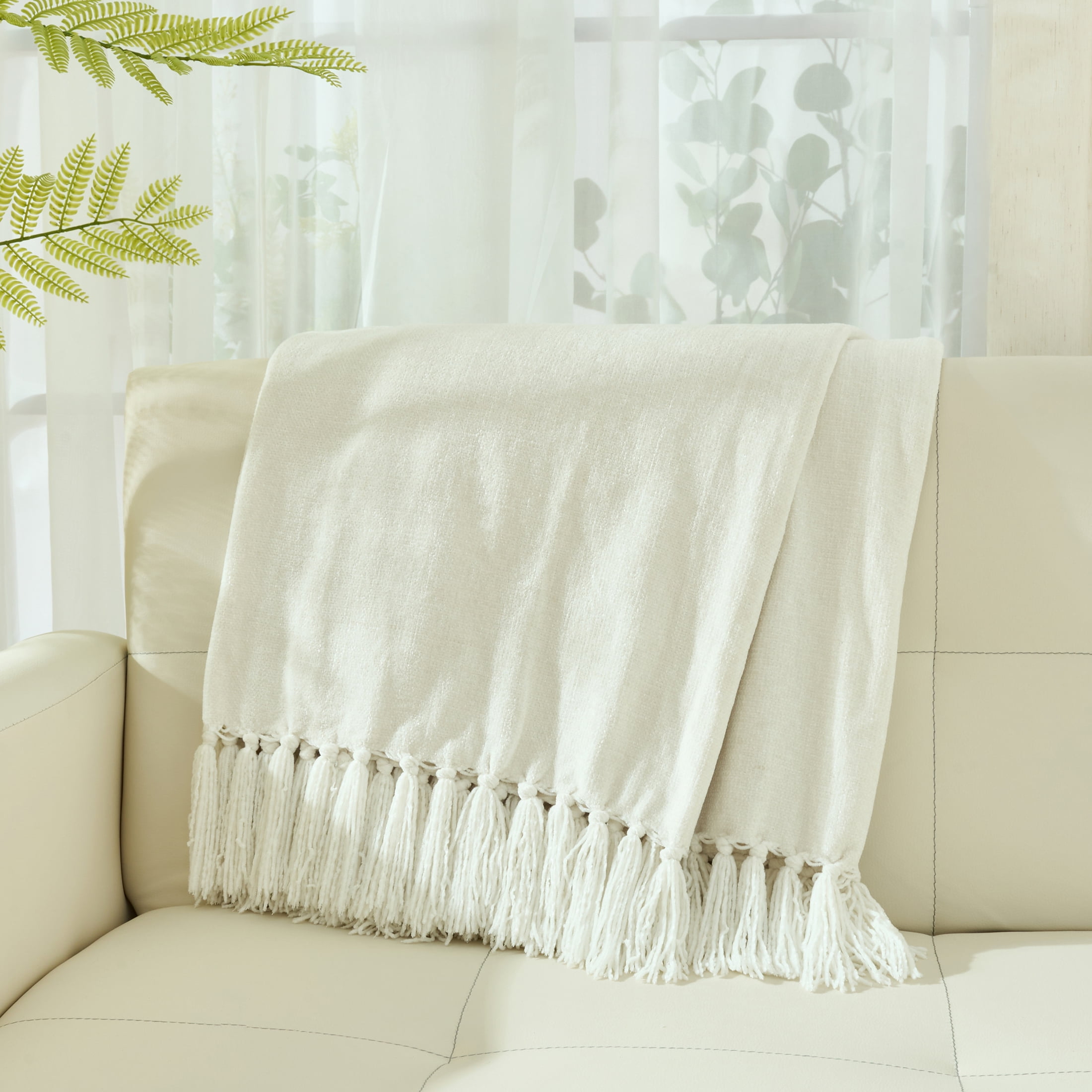 LONG CREATE Chenille Throw Blanket with Fringe Tassel for Couch Sofa Chair Bed, White 60" x 80"