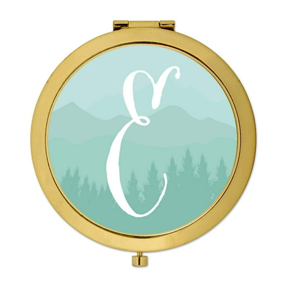 Koyal Wholesale Gold Compact Mirror Bridesmaid's Wedding Gift, Aqua Watercolor Rustic Trees, Monogram Letter E, 1-Pack