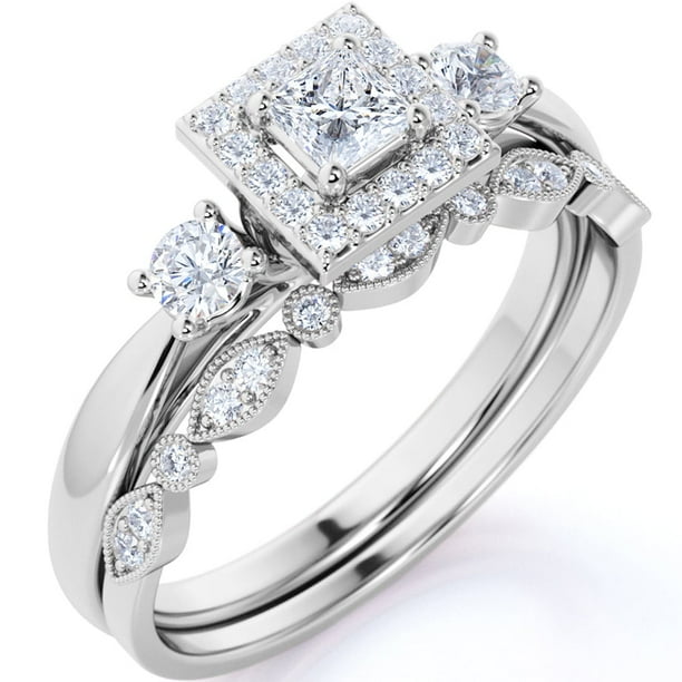 JeenMata Anillo de Boda Vintage con Halo y Banda Festoneada de Estilo Art Déco de 3 Piedras de Moissanita de Corte Princesa de 1,75 Uds en Oro Blanco de 18 K sobre Plata