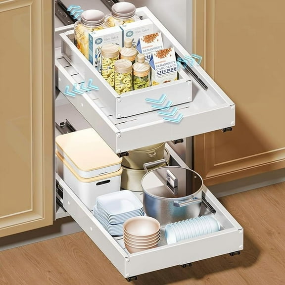 Pull Out Cabinet Organizer, 2 Pack Slide Out Drawer Expandable Width (10"-16") and Depth (17"-25") With 3 Slides, Fixed with Adhesive Film or Nail for Cabinets in Kitchen, Pantry or Bathroom