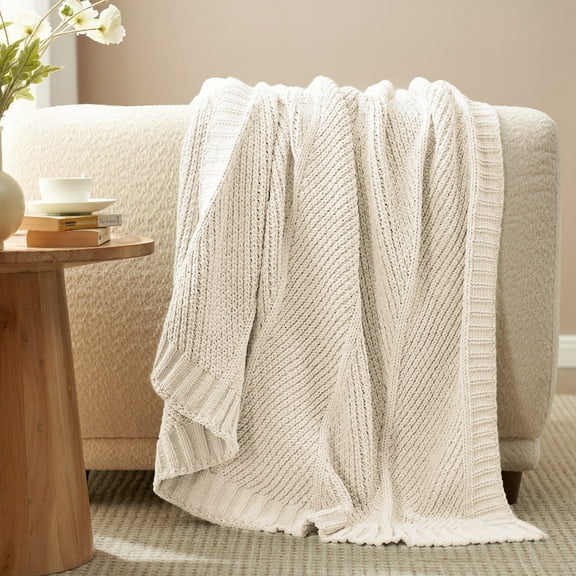 Chenille Chunky Knit Throw Blanket Chevron Textured Bedding Blanket,50" X 60",Ivory