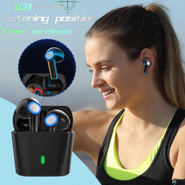 Auriculares Bluetooth para juegos, semi-intraaurales, deportivos, de negocios, de doble oreja, con compartimento de carga, color negro