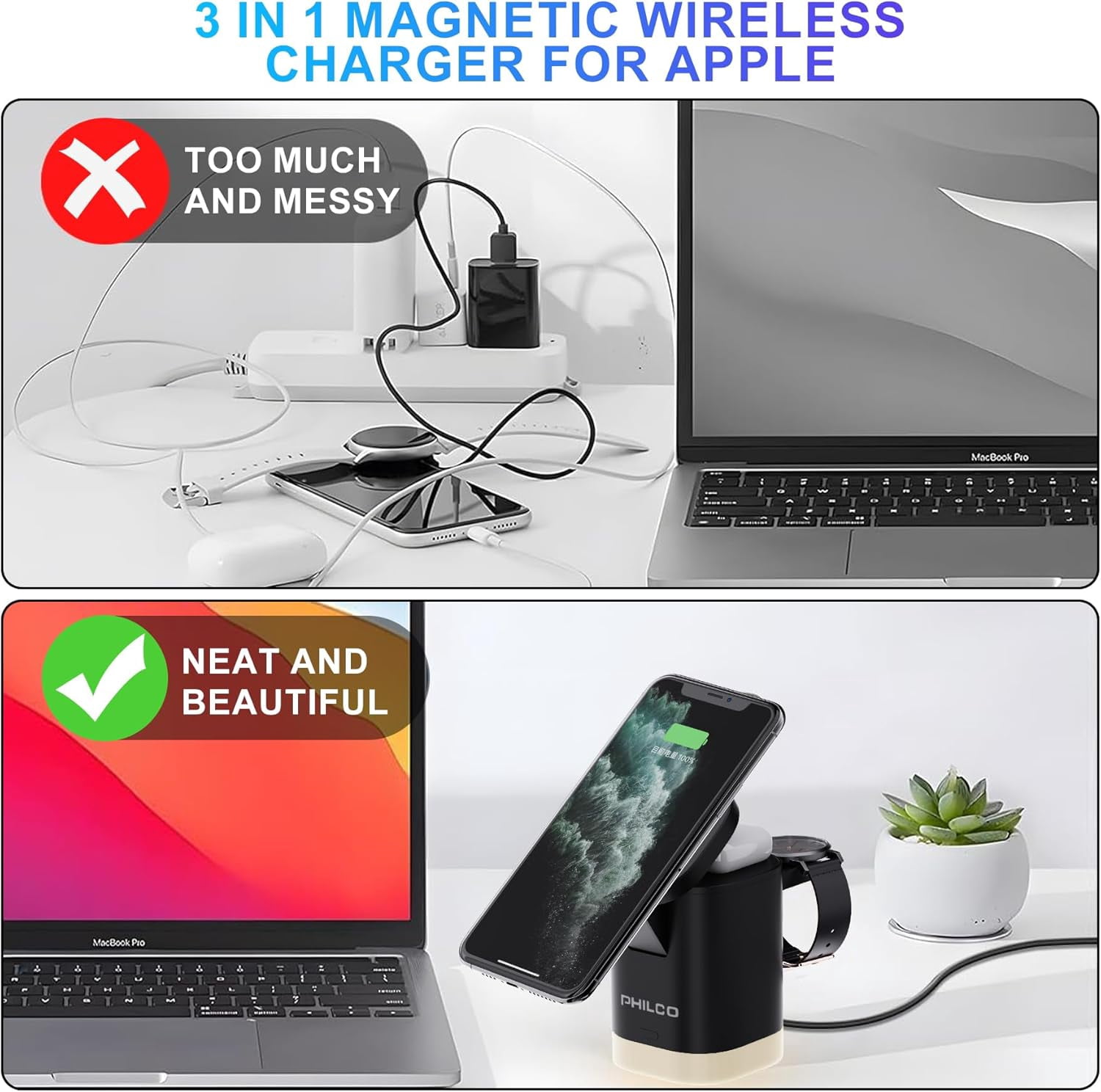 3-in-1 Magnetic Wireless Phone Charger, 15W Mag-Safe Charging Station for Apple Products iPhone 11/12/13/14/15/16, AirPods & Apple Watch with LED Lighting, Fast & Efficient for Home, Office & Travel