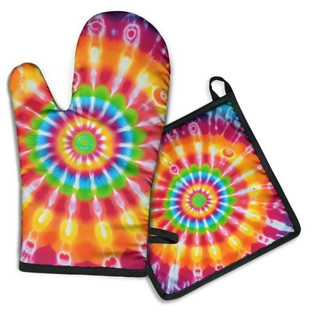 Colorful Tie Dye Spiral Mandala Kitchen Oven Mitt and Pot Holder Sets 2 Pcs for Baking Cooking and Grilling Heat Resistant Up To 392 °F