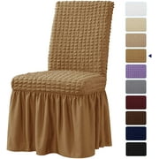 Subrtex Stretch 1-Piece Pleated Ruffled Skirt Dining Chair Slipcover (Set of 2, Almond)