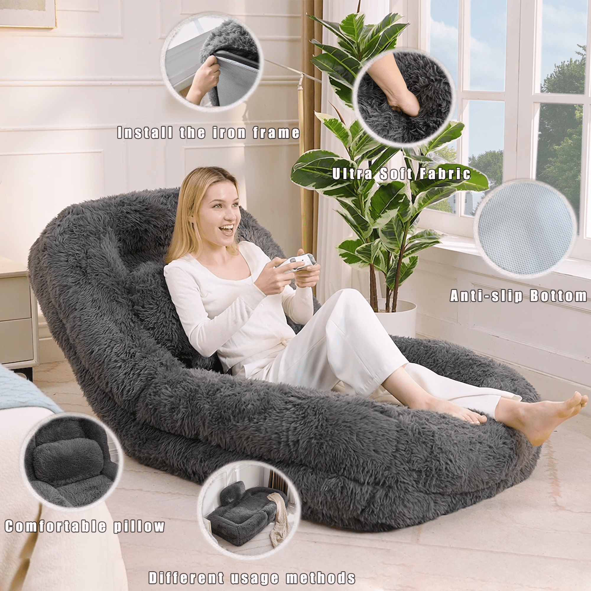 Human Dog Bed,Lazy Sofa,5-Position Adjustable Convertible,Floor Gaming Chair,bedroom, living room,Suitable for gaming, meditation,relaxation,Plush Fabric,Dark Gray