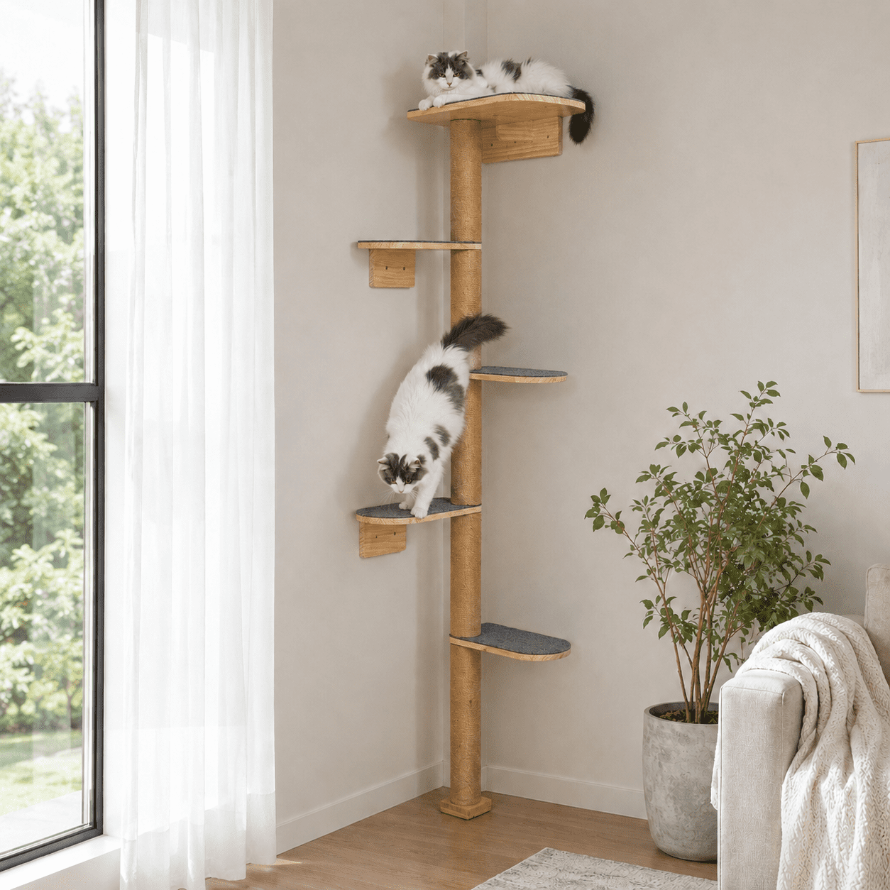 Peluomoz Gray Adjustable Floor to Ceiling Cat Tree with 5 Felt Platforms, Natural Pine Wood, 83 in