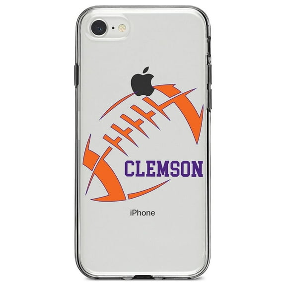 DistinctInk Clear Shockproof Hybrid Case for iPhone 7 8 SE (2020 Model) 4.7" Screen TPU Bumper Acrylic Back Tempered Glass Screen Protector - Clemson Football - Orange, Regalia Purple