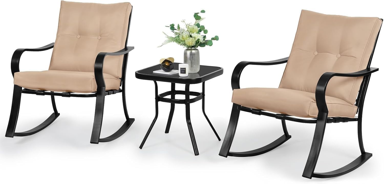SUNCROWN 3-Piece Outdoor Patio Bistro Set Black Metal Rocking Chairs and Table with Brown Cushions