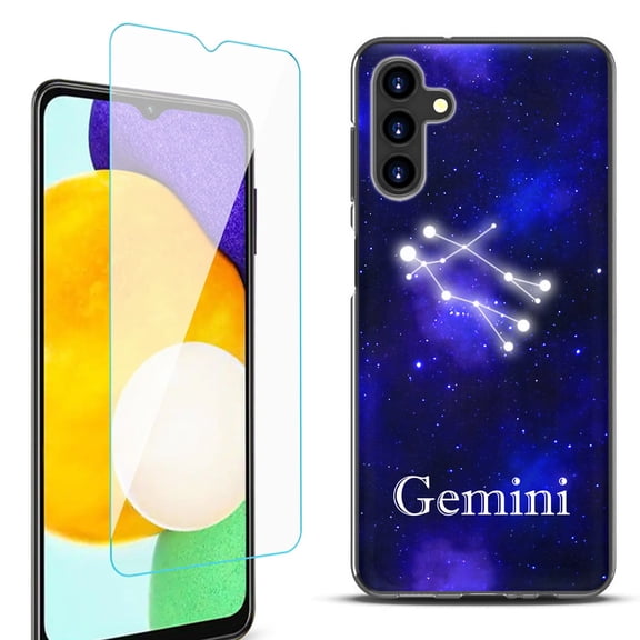 Slim-Fit Protective Fashion Phone Case (Black) for Samsung Galaxy A13 5G, with Tempered Glass Screen Protector, by OneToughShield ® - Zodiac / Gemini