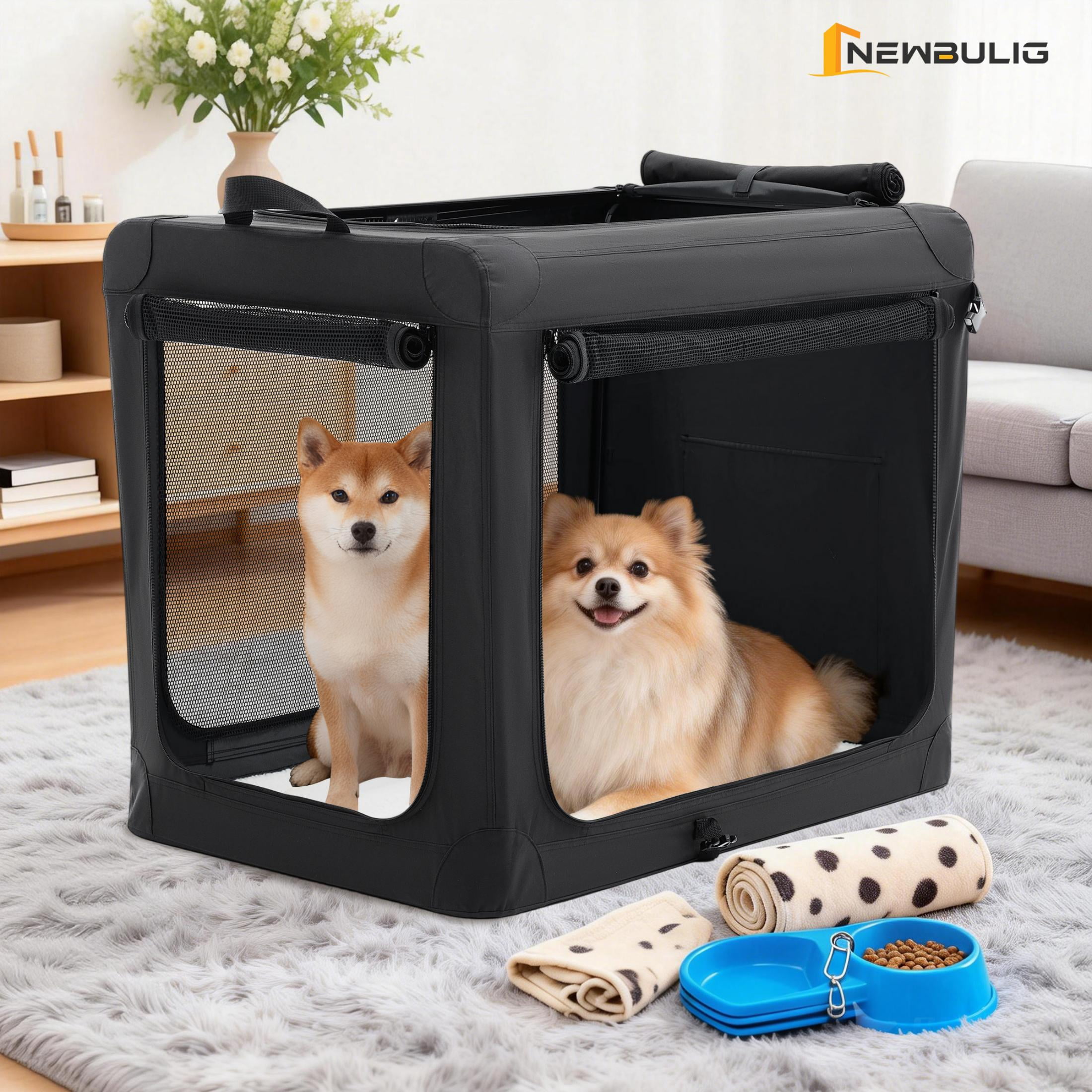 edx 42 Inch Portable Foldable Dog Crate for Extra Large Dog, 3-Door Soft Pet Airline Approved Crate with Storage Bag & Washable Pad, Up To 80Lbs, For Indoor Outdoor Dog/Cat/Pet Kennel Carrier, Black
