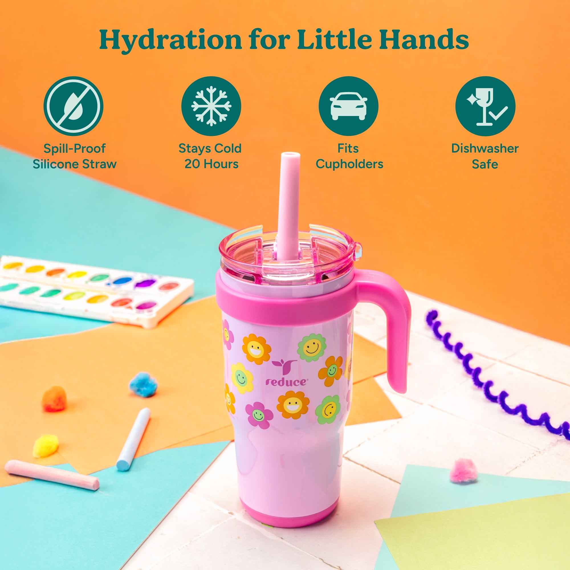 (3 pack) Reduce Coldee Kids Insulated Tumbler with Straw, 18oz Stainless Steel Spill-Proof Cup with Handle, Smiles