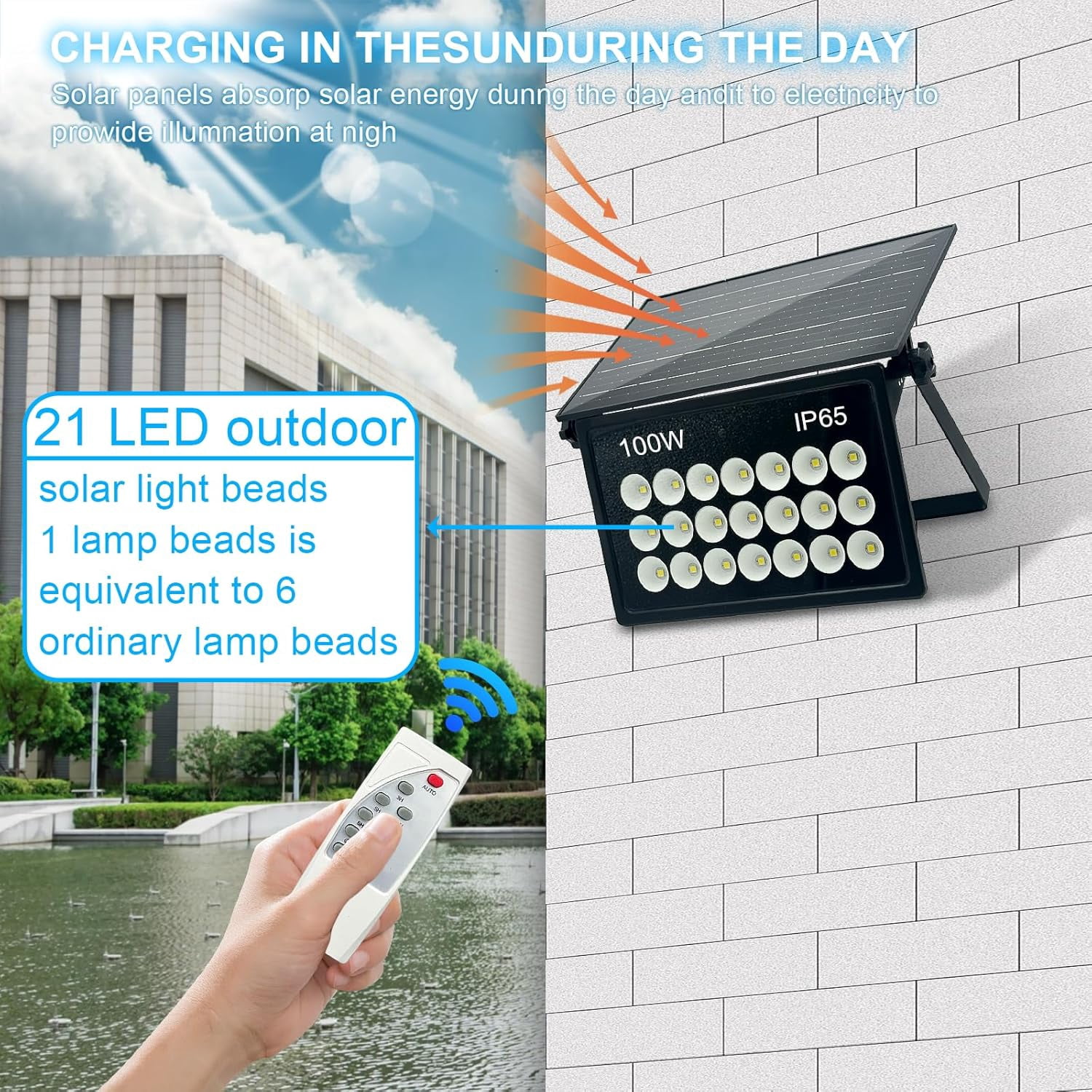 Indmird 100W Solar Powered Security Lights, Solar Lights Outdoor Waterproof, Dusk to Dawn  6500K Cool White, for Porch, Patio, Yard, Garage, Garden