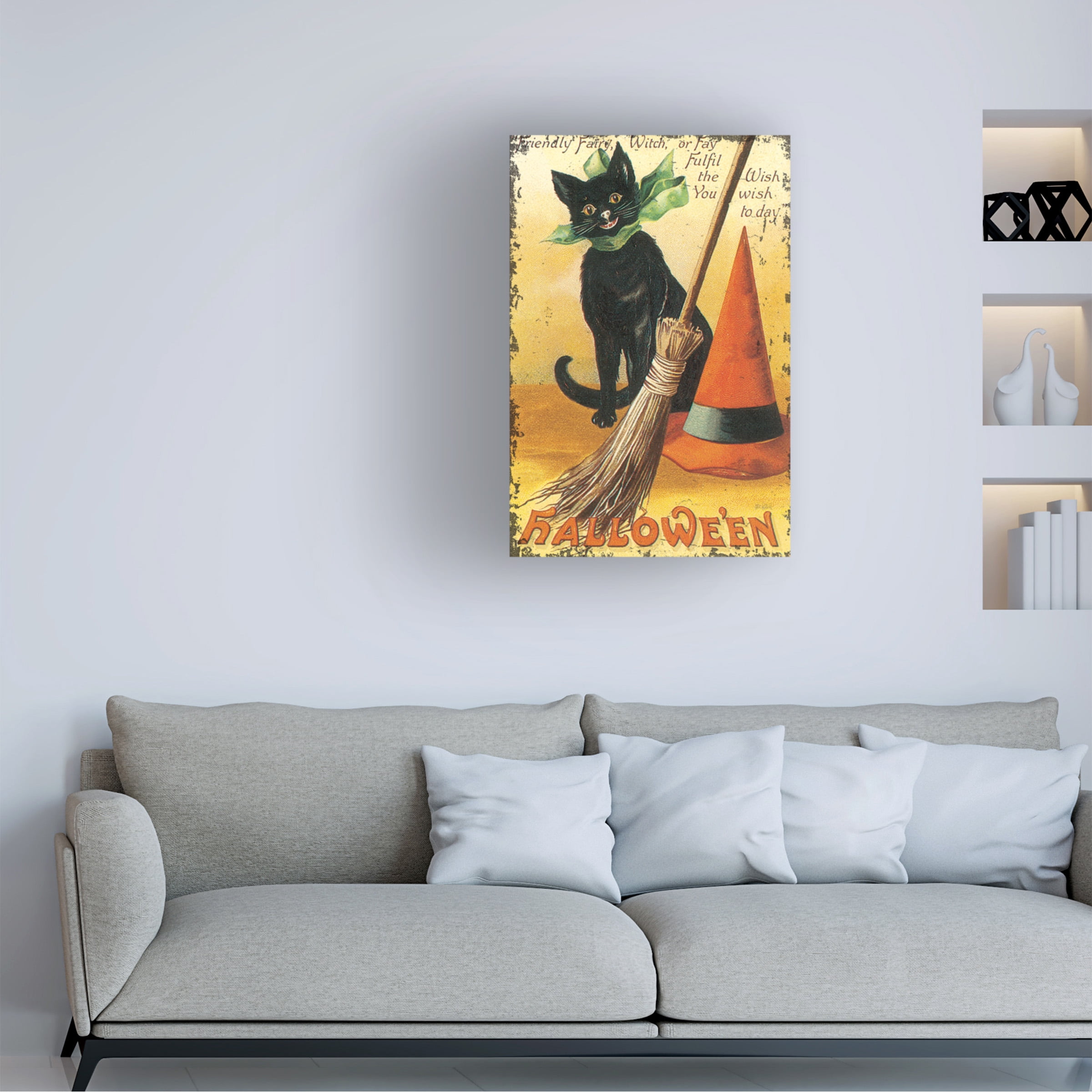 Katie Pertiet 'Halloween Nostalgia Cat with Broom' Canvas Art