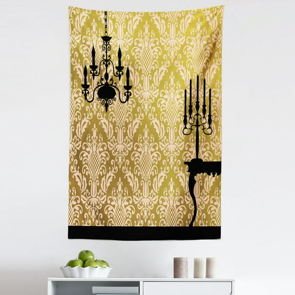 Damask Tapestry, English Country House Damask Motif on Wall and Chandelier Silhouettes Renaissance, Fabric Wall Hanging Decor for Bedroom Living Room Dorm, 5 Sizes, Yellow Black, by Ambesonne