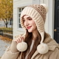 thumbnail image 4 of Voska Womens Thick Knit Ear Flap Winter Hat Soft Fleece Lined 3 Pom Pom Pull On Beanie with Fair Isle Pattern Beige One Size, 4 of 4