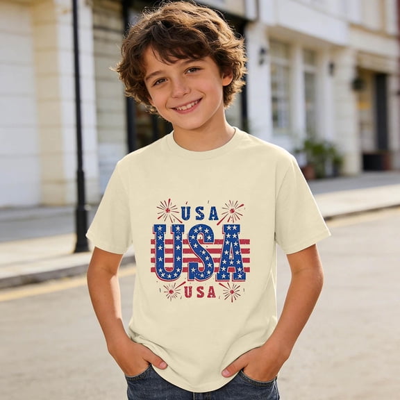 250Th Anniversary Usa Shirt Boys Crew Neck Short Sleeve Breathable 4Th Of July Letter Print Top for Everyday Wear Beige 6 Years-7 Years