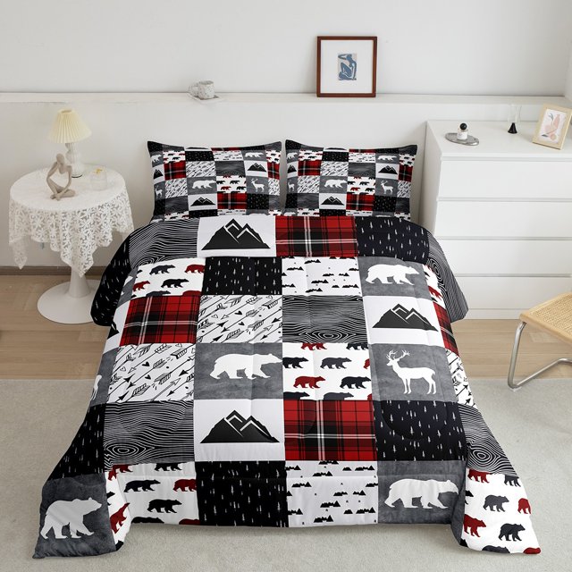 Erosebridal Jungle Bear Bedding Queen Comforter Set, Rustic Hunting Down Comforter, Plaid Patchwork Decor, 3-Piece