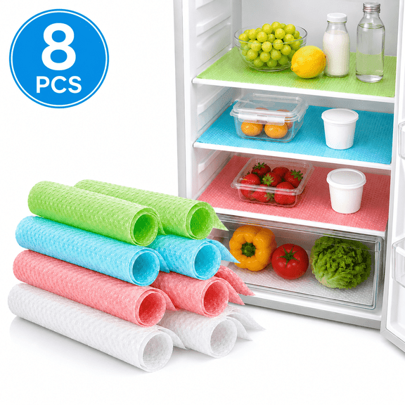 Refrigerator Liners Washable, 8 Pack Fridge Mats, 3 Colors, Cut-to-Fit Perfect for Kitchen Glass Shelf Drawer, Fridge Liners and Mats Waterproof
