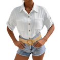 thumbnail image 1 of Blusa blanca de media manga para mujer con bolsillos, corte holgado y estilo moderno, estilo chic de verano, 1 of 7