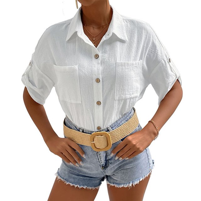 Blusa blanca de media manga para mujer con bolsillos, corte holgado y estilo moderno, estilo chic de verano