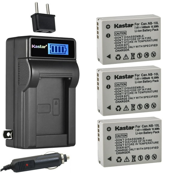 Kastar 3-Pack NB-10L Battery and LCD AC Charger Compatible with Canon NB-10L NB10L, NB-10LH NB10LH Battery, Canon CB-2LC Charger, Canon PowerShot G1 G3 G15 G16 SX40 SX50 SX60 Digital Cameras