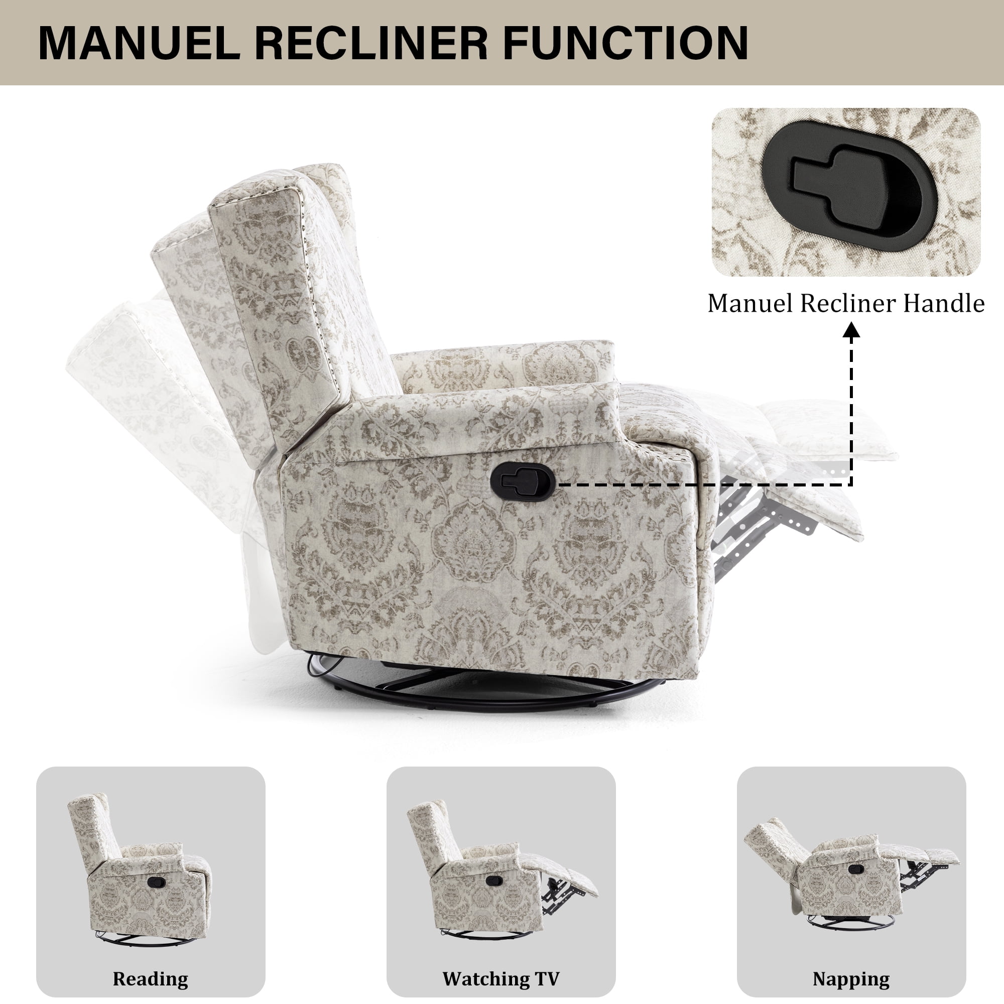 DREAMSIDEA Recliner Swivel Glider Rocker Nursery Chair for Adults, High Back Upholstered Rocking Armchair for Living Room, Manual Reclining Sofa Lounge Chair with Deep Seat in Fabric - Beige