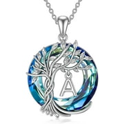 WINNICACA Tree of Life Necklace Sterling Silver A Initial Letter Pendant Necklace Blue Circle Crystal Fashion Jewelry Gifts