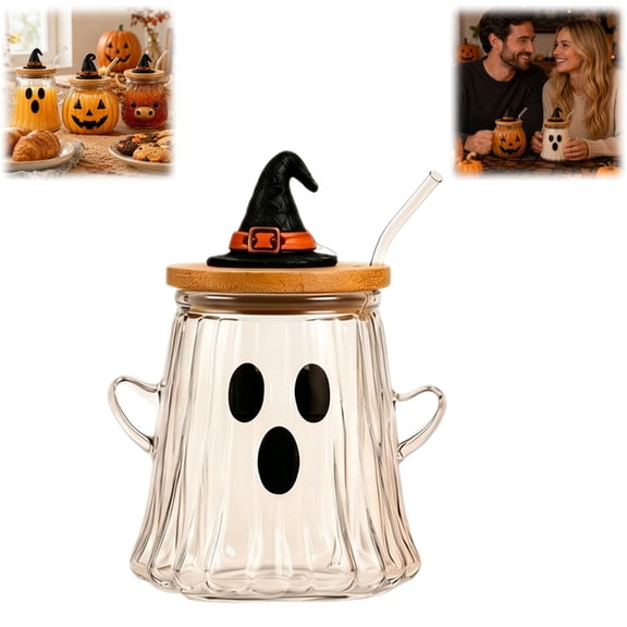 12oz Halloween Pumpkin Cow Glass Cup with Lid and Glass Straw, Cute Borosilicate Glass Tumbler for Iced Coffee Juice Milk, Halloween Party Decorative (B)