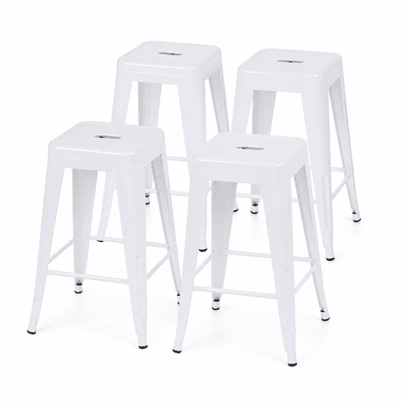 24 Inch Backless Metal Counter Stool Set of 4, White, Stackable with Carry Hole and Footrest