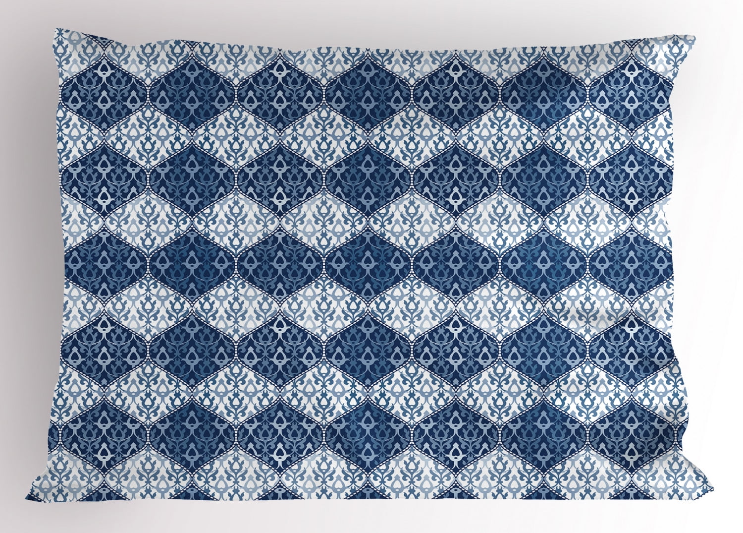 Navy Blue Pillow Sham Oriental Pattern in Patchwork Horizontal Design