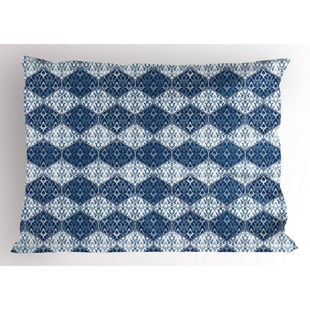 Navy Blue Pillow Sham Oriental Pattern in Patchwork Horizontal Design