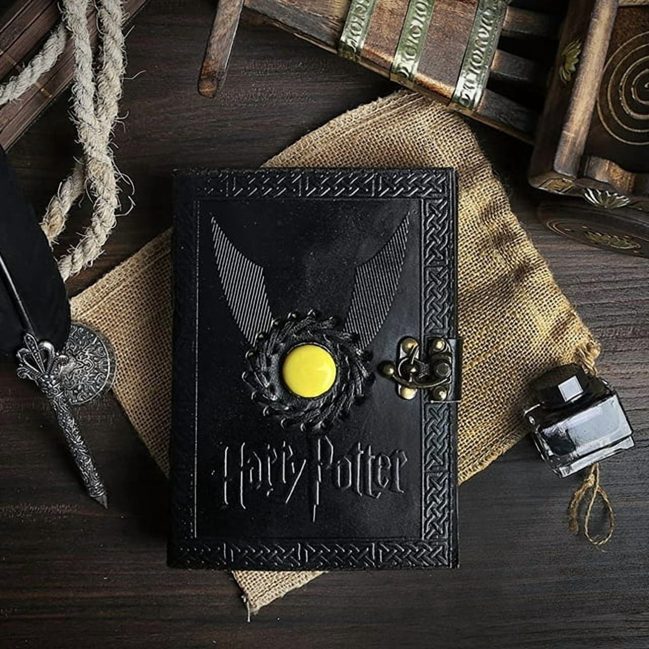 Harry Potter Vintage Leather Spell Book – Handmade Grimoire Journal with Stone, Deckle Edge Paper, Witchcraft Gift for Men & Women