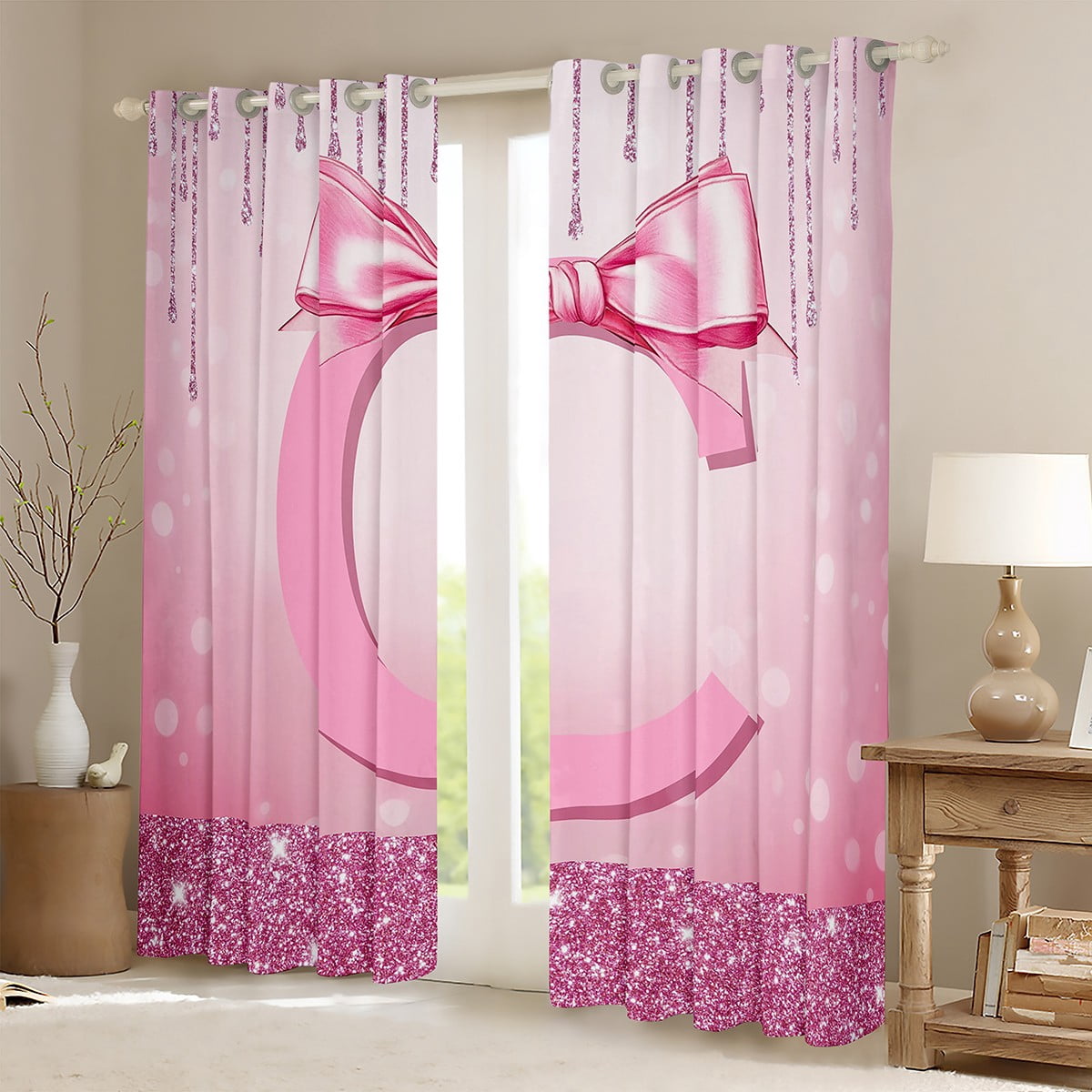 jejeloiu Personalized Gifts Bow Black Out Curtains,Letter C Curtains Pack of 2 (42x63 Each),Pink Bling Print Bedroom Curtains For Children,Lightweight Room Decoration