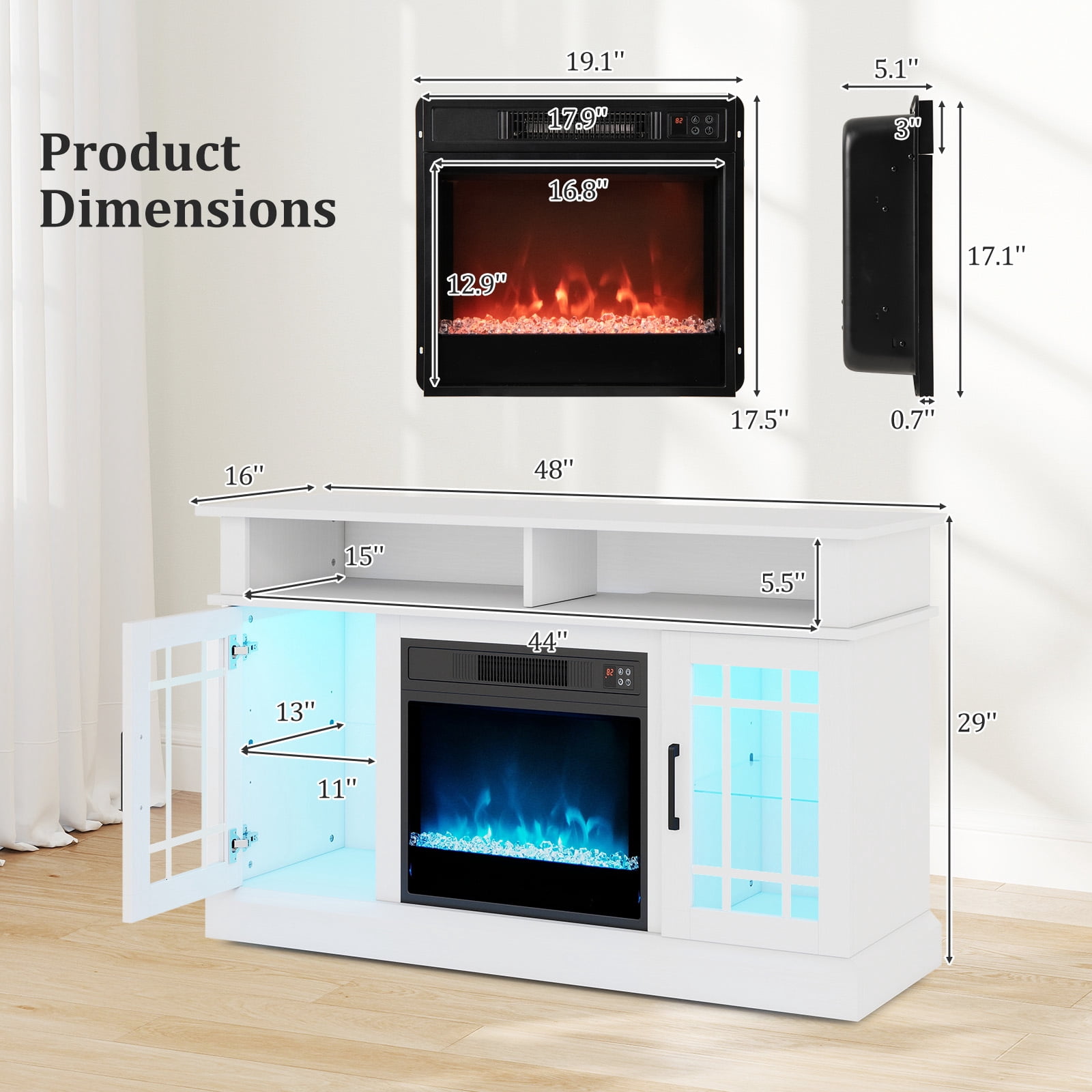 Costway TV Stand with Electric Fireplace LED Lights Remote Controls Storage Cabinets for TVs Up to 55 Inches White