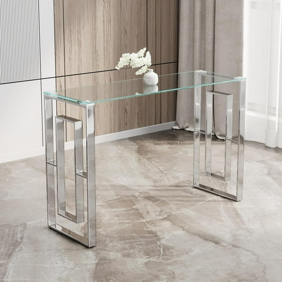 Modern Glass Console Entryway Table, 47 inch Glass Narrow Long Sofa Table,Couch Table Behind Sofa Entrance Table with Silver Geometric Stainless Steel Frame for Entrance, Living Room